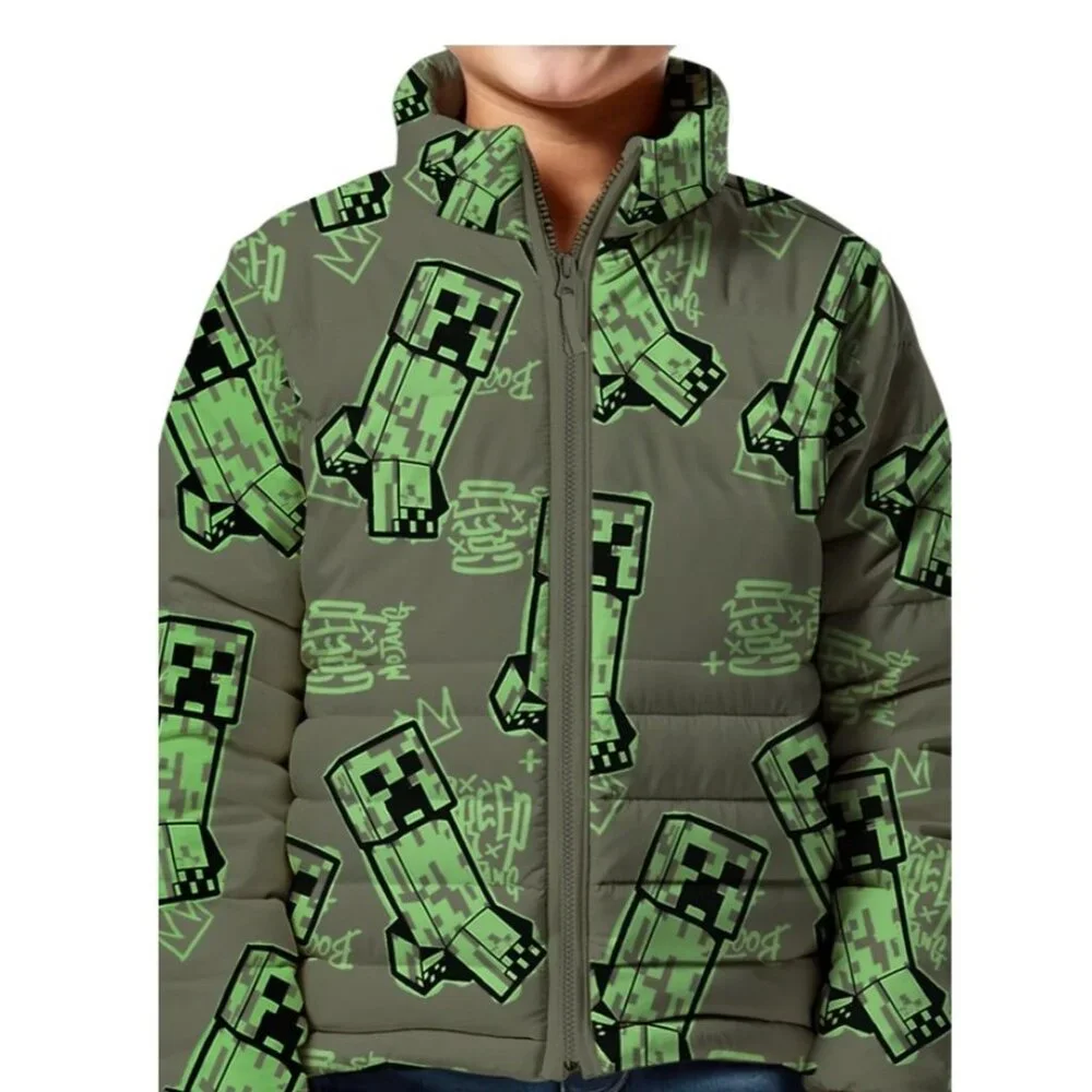 NEW Minecraft Boys Creeper Zip Puffer Jacket Lightweight Size 14 Zippered Size: